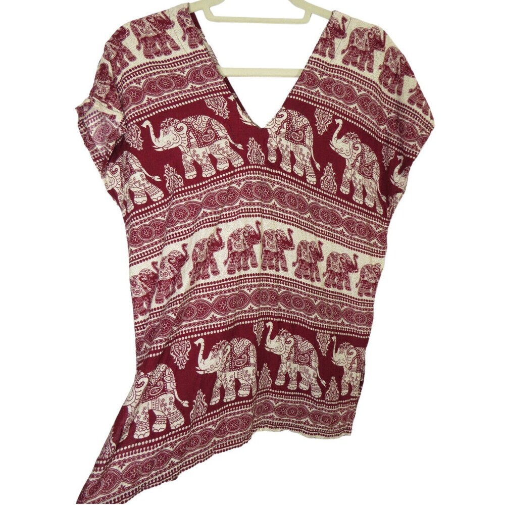 Women's Maroon Lucky Elephant Print Dolman Sleeve V Neck Top Size Medium